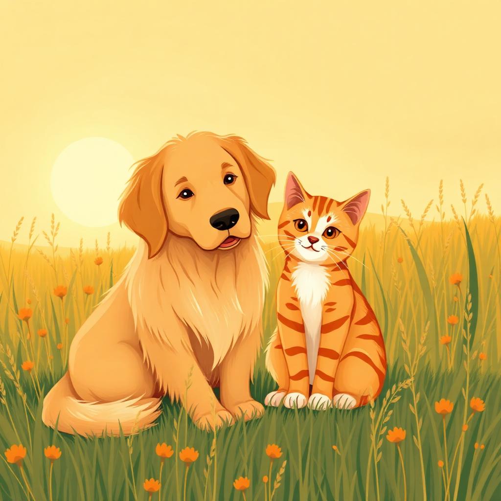 Illustrated golden retriever and orange tabby cat sitting in a meadow